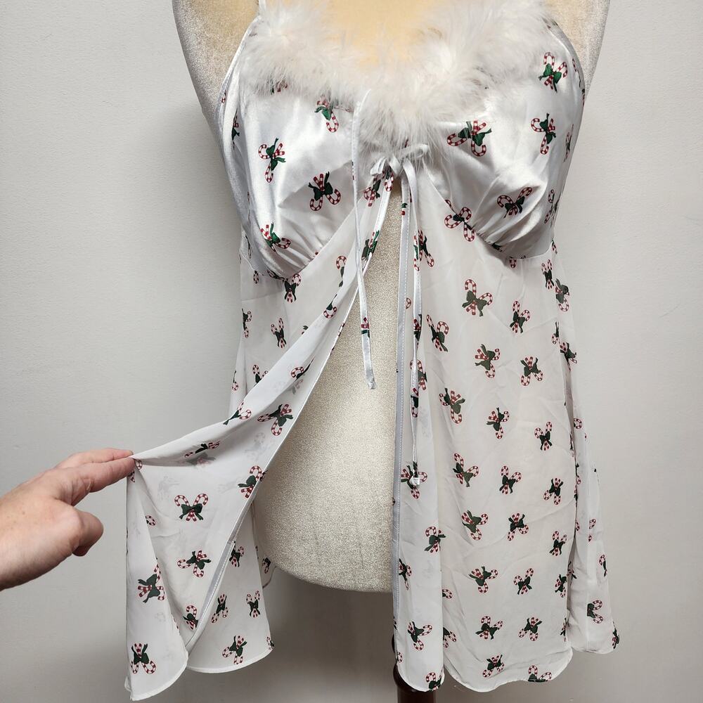 Vintage Babydoll Nighty Lingerie L Candy Canes Flyaway Chiffon Maribou Feathers